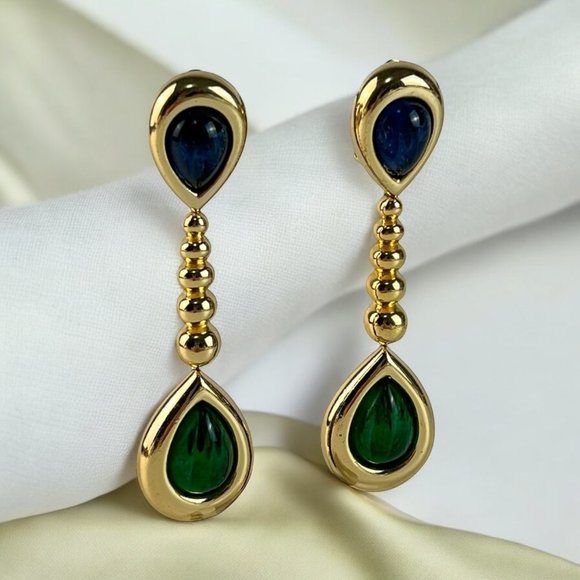 Vintage Christian Dior Runway Statement Green Blue Gripoix Drop Dangle Earrings - Picture 1 of 10